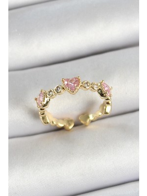 Prativas Pirinç Sıralı Kalp Figürlü Zirkon Taşlı Gold Renk Ayarlanabilir Kadın Yüzük – PRT3500EB06248