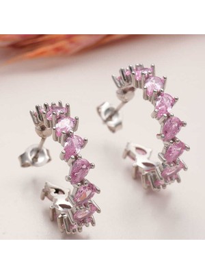 Tienda Elegante Gümüş Toz Pembe Taşlı Damla Çivili Kadın Küpe