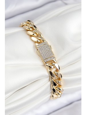 Aesco Vıp Pirinç Zirkon Taşlı Cuba Model Gold Renk Kadın Bileklik - Lisinya