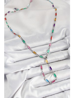 Aesco Pirinç Renkli Zirkon Taşlı Dikdörtgen Model Gümüş Renk Kadın Y Kolye - Lisinya