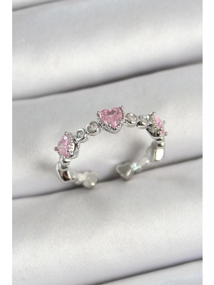 Prativas Pirinç Sıralı Kalp Figürlü Zirkon Taşlı Gümüş Renk Ayarlanabilir Kadın Yüzük – PRT3500EB06249