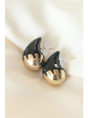 Aesco Minimal Siyah Mineli Çift Renk Damla Küpe - Lisinya