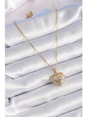 Aesco 316L Çelik Gold Renk Zirkon Taşlı Kalp Model Vintage Kadın Kolye - Lisinya