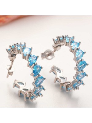 Tienda Elegante Gümüş Akuamarin Taşlı Damla Çivili Kadın Küpe