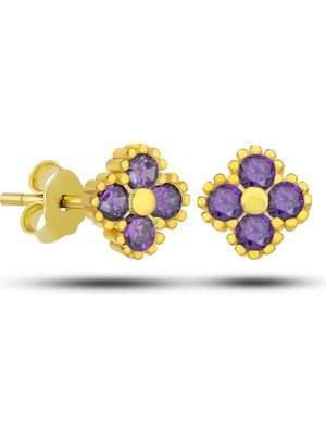 Tienda Elegante Gümüş Gold Yonca Çivili Mor Taşlı Çocuk Küpe