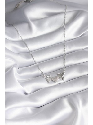 Aesco 316L Çelik Gümüş Renk Zirkon Taşlı Kanat Kalp Model Kadın Kolye - Lisinya