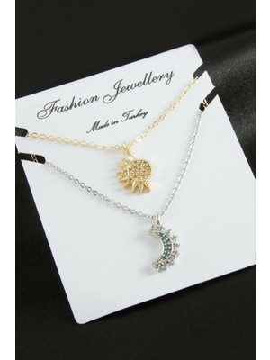 Zero Land Matrixzn Hilal Yıldız Çift Zirkon Taşlı Kolye - Ebruli