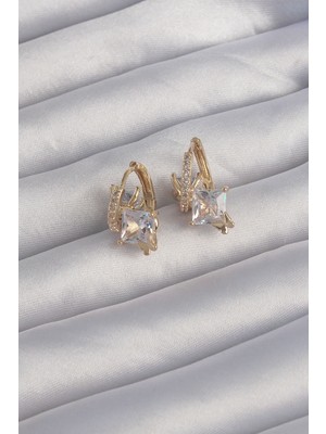 Aesco Pirinç Gold Renk Iri Zirkon Taşlı Kıvrımlı Minimal Kelebekli Halka Küpe - Lisinya