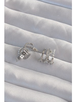 Aesco Pirinç Gümüş Renk Incili Çoklu Zirkon Taşlı Yarım Halka Küpe - Lisinya