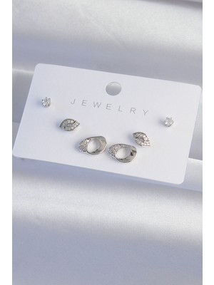 Aesco Pirinç Gümüş Renk Zirkon Taşlı Yaprak Model Küpe Seti - Lisinya