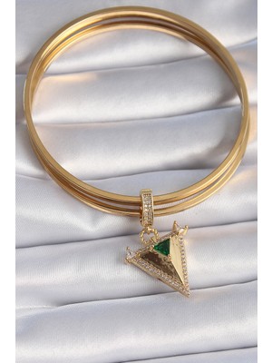 Aesco Pirinç Gold Renk Zirkon Taşlı 3D Üçgen Model Ajda Charm - Lisinya