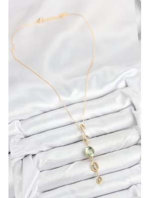 Aesco Pirinç Zincir Yeşil Gold Renk Zirkon Taşlı Y Kolye - Lisinya