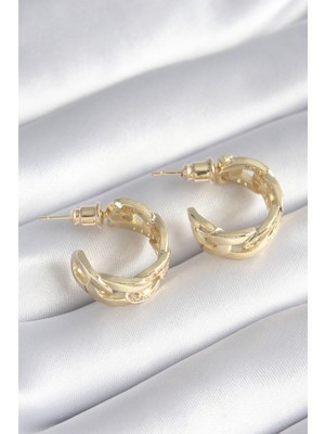 Aesco Pirinç Gold Renk Zirkon Taş Detay Zincir Model Kadın Küpe - Lisinya