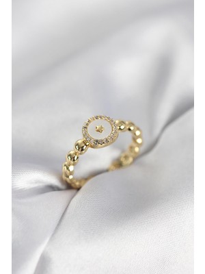 Prativas Gold Renk Sedefli Yıldız Model Zirkon Taşlı Kadın Yüzük - PRT3500EB10462