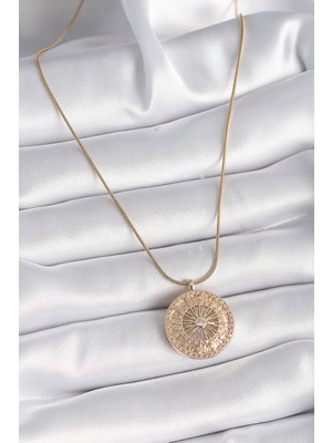 Aesco 316L Çelik Gold Renk Zirkon Taşlı 12 Burç Madalyon Model Kadın Kolye - Lisinya