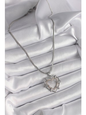 Aesco 316L Çelik Gümüş Renk Italyan Zincir Mix Renk Zirkon Taş Detay Kalp Model Kadın Kolye - Lisinya