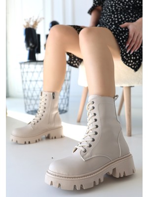 Aesco Flona Bej Cilt Bağcıklı Bot - Lisinya