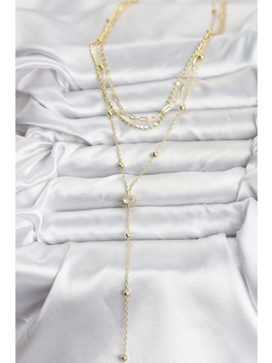 Aesco Pirinç Gold Renk Güneş Model Detaylı 3'lü Kombin Y Kadın Kolye - Lisinya