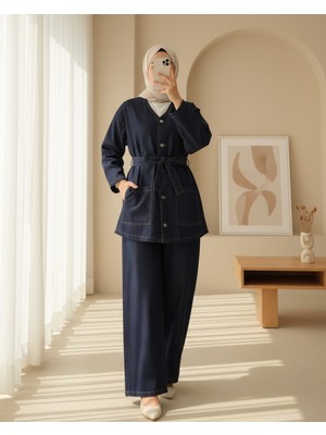 Modamorfo Önü Düğmeli Çift Cepli Kuşaklı Kot Takım  -K.laci