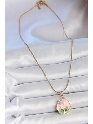 Aesco 316L Çelik Gold Renk Zincir Pembe Çiçek Işlemeli Inci Detay Portre Model Kadın Kolye - Lisinya