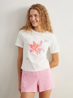 Lc Waikiki Yeni Sezon Bisiklet Yaka Baskılı Kadın Şortlu Pijama Takımı