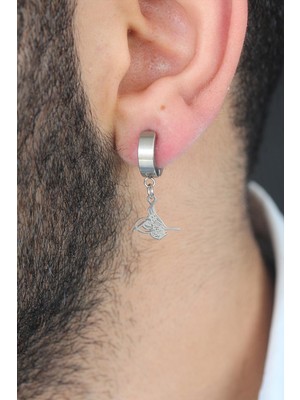 Aesco Silver Renk Kaplama Osmanlı Tuğra Figürlü Kıstırmalı Çelik Erkek Küpe - Lisinya