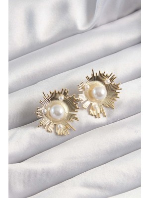 Aesco Pirinç Gold Renk Zirkon Taşlı Parlayan Inci Taneleri Küpe - Lisinya