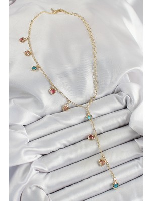 Aesco Pirinç Asorti Kalp Model Gold Renk Zirkon Taşlı Y Kolye - Lisinya