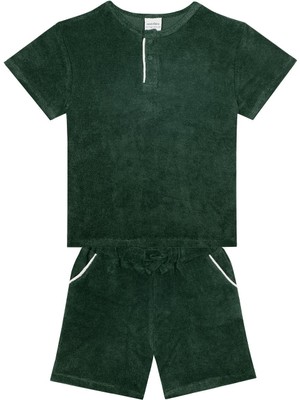 Antebies Organik Gots Sertifikalı Beyaz Kontrastlı, Beli Lastik Bağcıklı Cepli Tshirt Şort Erkek Çocuk Takımı