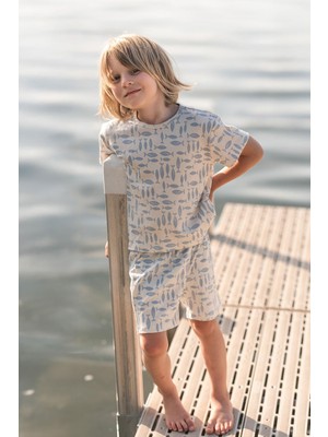 Antebies Bambu Sustainable Mavi Balık Desenli Beli Lastikli Tshirt Şort Erkek Çocuk Pijama Takımı