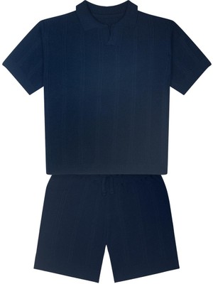 Antebies Lacivert Dokulu Kısa Kollu Tshirt Bağlamalı Şort Triko Erkek Çocuk Takım