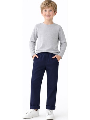 İrem Çocuk Giyim Erkek Çocuk Beli Lastikli Ip Bağlamalı Cepli Duble Paça Model Likrasız Lacivert Renk Keten Pantolon