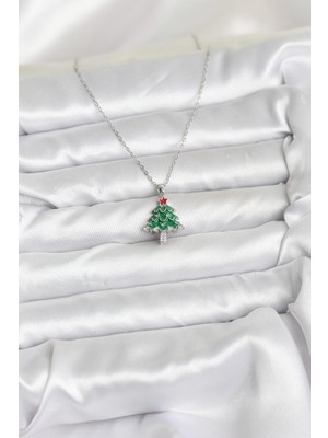 Aesco 316L Çelik Zincir Gümüş Renk Çam Ağacı Model Yılbaşı Temalı Kadın Kolye - Lisinya