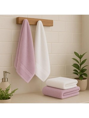 Liora Lüks Banyo Havlusu Seti, 4 Parça, Pembe ve Beyaz, Yumuşak Pamuklu