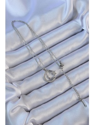 Aesco 316L Çelik Zincir Gümüş Renk Zirkon Taşlı Ay Yıldız Simgeli Atatürk Kolye - Lisinya