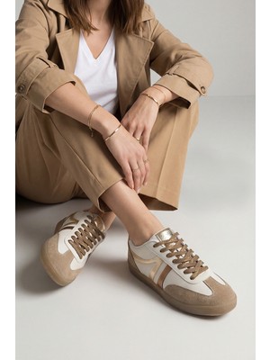 Marjin Kadın Sneaker Bağcıklı Düz Taban Spor Ayakkabı Tiyone Altın
