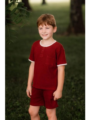 Antebies Organik Gots Sertifikalı Beyaz Detay,kiremit Waffle, Beli Bağcıklı,tshirt Şort Erkek Çocuk Takımı