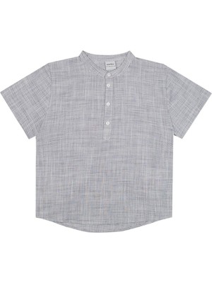 Antebies Mini Çizgili Keten Hakim Yakalı Tahta Düğmeli Uzun Kollu Erkek Çocuk Gömlek