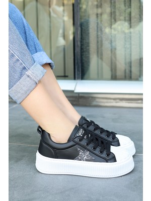 Aesco Piata Siyah Cilt Beyaz Tabanlı Bağcıklı Spor Ayakkabı - Lisinya