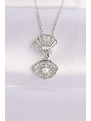 Aesco 316L Çelik Zincir Gümüş Renk Zirkon Taşlı Inci Detay Istiridye Kolye - Lisinya