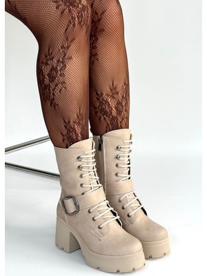 Aesco Linma Bej Nubuk Bağcıklı Topuklu Bot - Lisinya