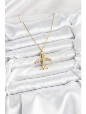 Aesco 316L Çelik Zincir Gold Renk Uçak Model Kadın Kolye - Lisinya