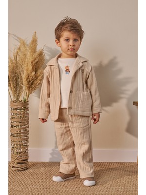 Minipodyum Erkek Bebek Baskılı Alt Üst Takım Cepli Bayramlık 3'lü
