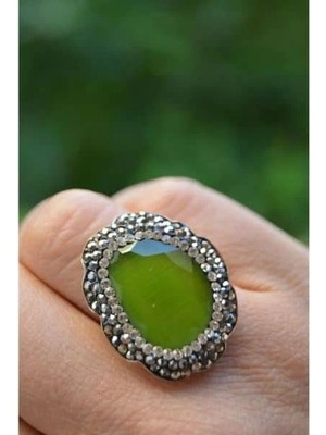 Stoneage Kedi Gözü Fıstık Yeşili Ayarlanabilir Kadın Yüzük Mücevher Işçiliği El Yapımı Yerli Üretim