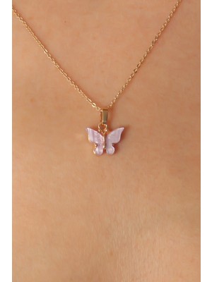 Aesco Gold Lila Renk Kelebek Figür Kadın Kolye - Lisinya