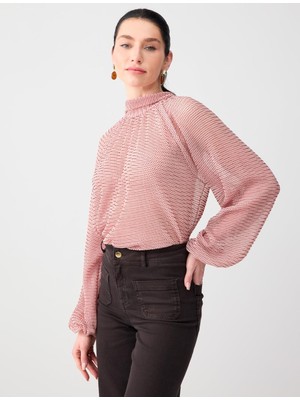 Jimmy Key Pembe Uzun Kollu Boyundan Bağlı Rahat Kesim Mesh Örme Bluz