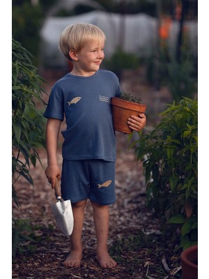 Antebies Bambu, Sustainable, Mavi,balık Nakışlı Kısa Kollu  Erkek Çocuk Tshirt Şort Takımı