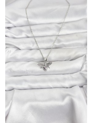 Aesco 316L Çelik Zincir Gümüş Renk Sinek Model Zirkon Taşlı Kadın Kolye - Lisinya