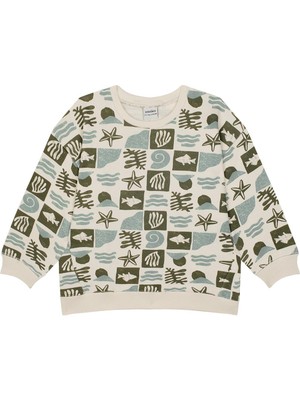 Antebies Organik Gots Sertifikalı Yeşil Okyanus Desenli Uzun Kollu Manşetli Erkek Çocuk Sweatshirt