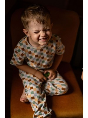 Antebies Organik Gots Sertifikalı Pastel Damalar Desen Bel Lastikli Tshirt Pantolon Erkek Çocuk Pijama Takımı